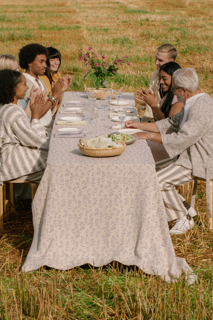LapuanKankurit-Meirami-linen-cloth-gold-lavender-Merihaka-pants-ivory-brown-blue-and-Kaapelitehdas-short-bathrobes-ivory-brown-blue-and-brown-white-scaled.webp